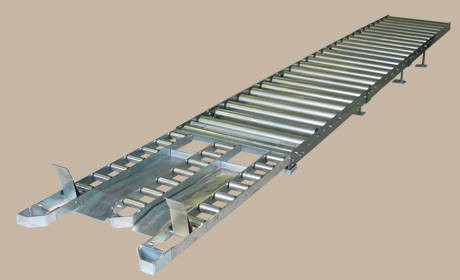 Rollenbahnen 2 - Beispiel: Schwerkraftrollenbahn mit dreigeteiltem Auslauf mit Trenn- und Stoppvorrichtung